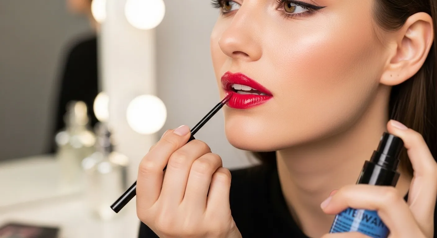 A woman with fair skin applying lip gloss over red-lined lips with a brush, holding a setting spray bottle, on a modern vanity with soft lighting.
